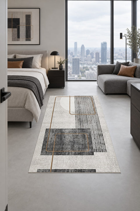 Printed Modern Area Rug – White & Gray in a bedroom