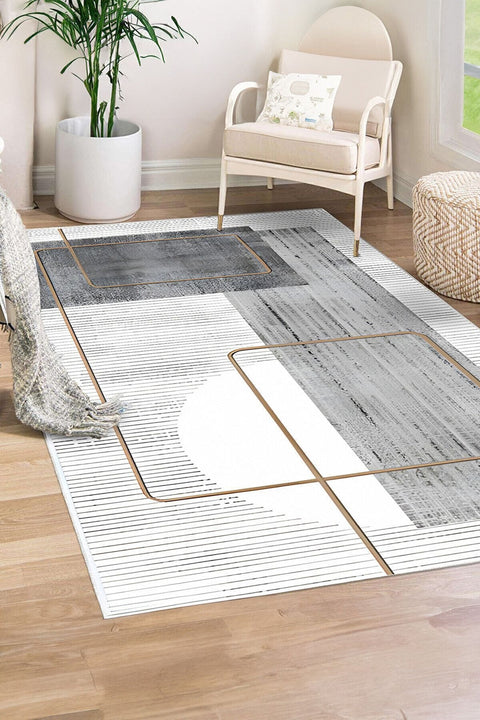 Printed Modern Area Rug – White & Gray in a living room