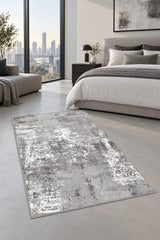 Printed Modern Kitchen Rug – Gray in a bedroom