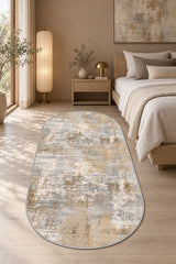 Printed Modern Oval Kitchen Rug – Beige in a bedroom