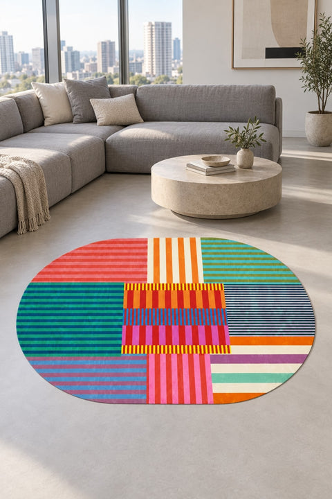 Printed Modern Oval Rug – Multicolor in a living room