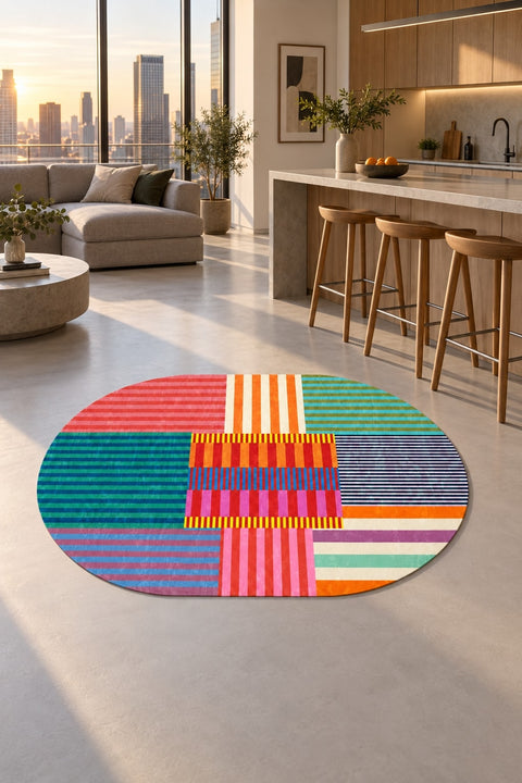 Printed Modern Oval Rug – Multicolor in a kitchen