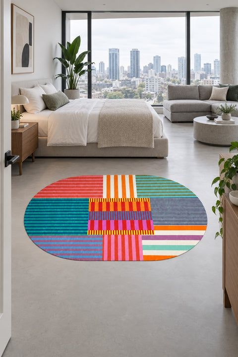 Printed Modern Oval Rug – Multicolor in a bedroom