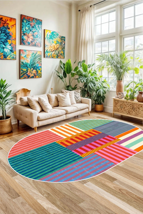 Printed Modern Oval Rug – Multicolor in a living room