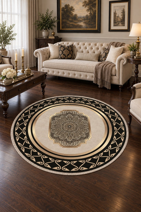 Printed Modern Round Area Rug in a living room