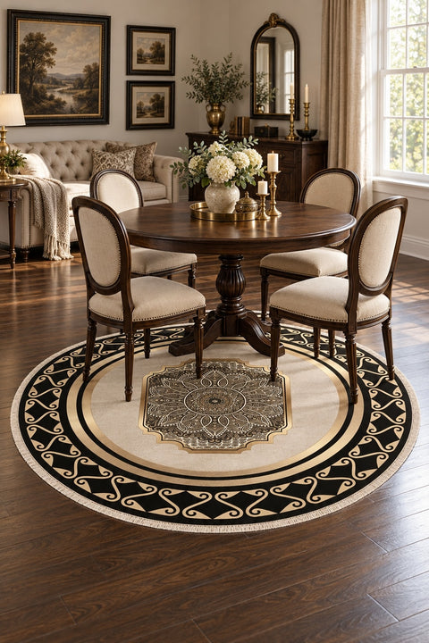 Printed Modern Round Area Rug in a dining room