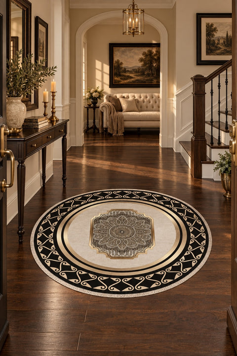 Printed Modern Round Area Rug in a hallway