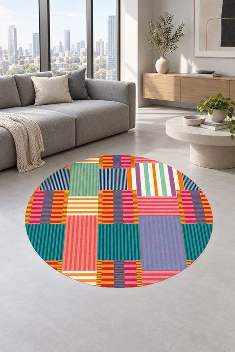 Printed Modern Round Rug – Multicolor in a living room