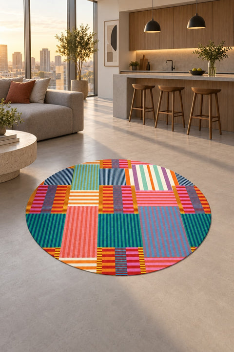 Printed Modern Round Rug – Multicolor in a kitchen