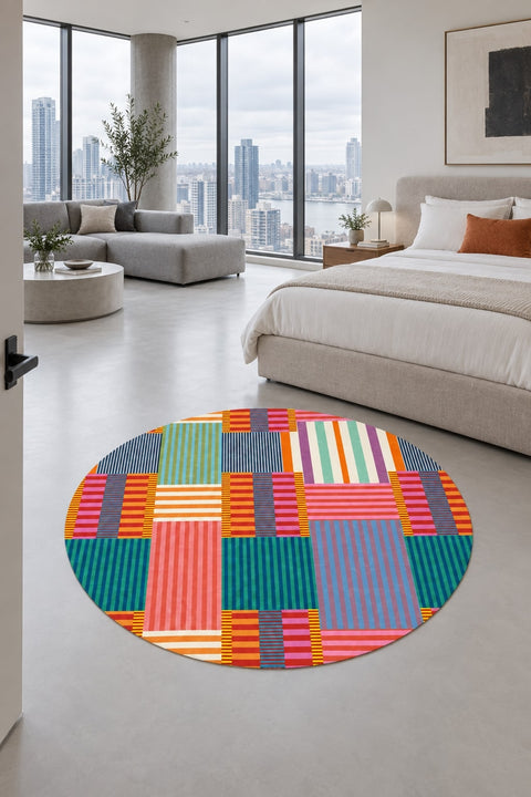 Printed Modern Round Rug – Multicolor in a bedroom