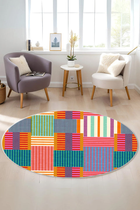 Printed Modern Round Rug – Multicolor in a living room