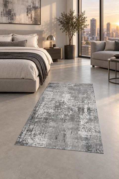 Printed Modern Square Area Rug – Gray in a bedroom