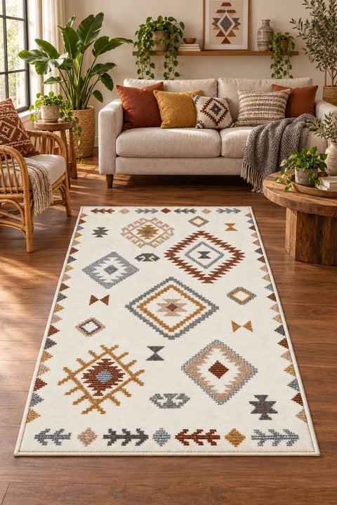 Printed Scandinavian Area Rug – Multicolor in a living room