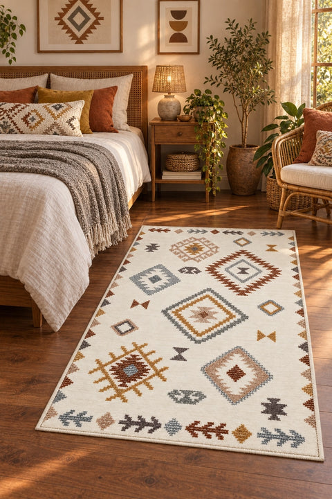 Printed Scandinavian Area Rug – Multicolor in a bedroom