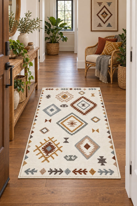 Printed Scandinavian Area Rug – Multicolor in a hallway