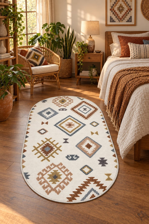 Printed Scandinavian Oval Rug – Multicolor in a bedroom