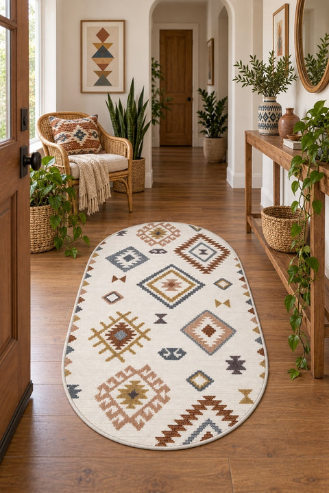 Printed Scandinavian Oval Rug – Multicolor in a hallway