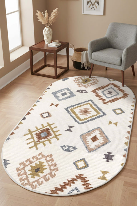 Printed Scandinavian Oval Rug – Multicolor in a living room