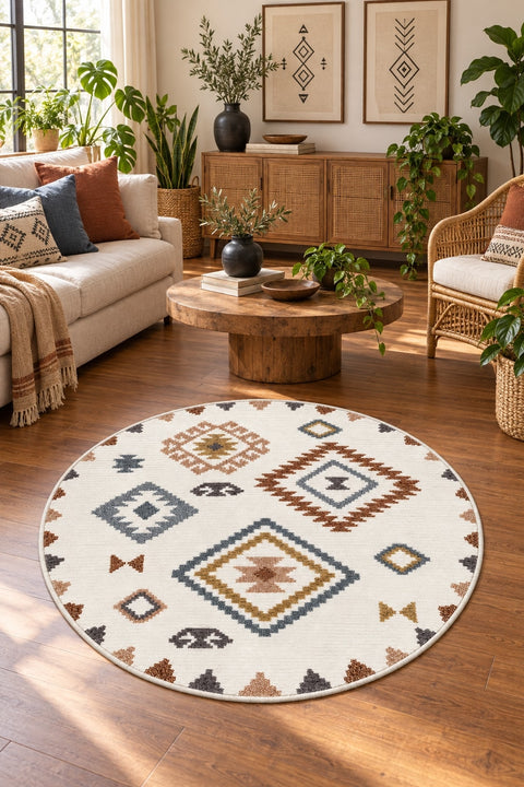 Printed Scandinavian Round Rug – Multicolor in a living room