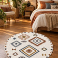 Printed Scandinavian Round Rug – Multicolor in a bedroom