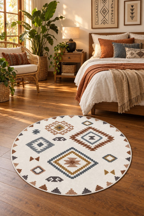 Printed Scandinavian Round Rug – Multicolor in a bedroom