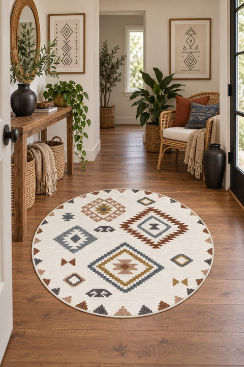 Printed Scandinavian Round Rug – Multicolor in a hallway