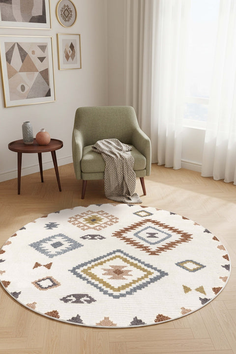 Printed Scandinavian Round Rug – Multicolor in a living room