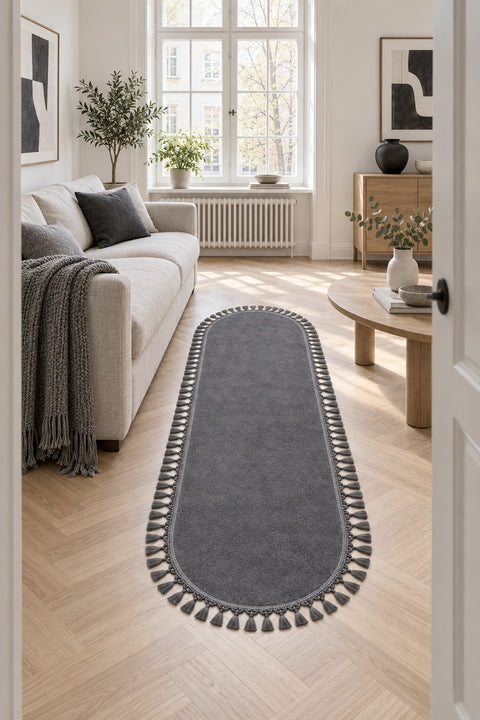 Puffy Geometric Boho Oval Rug – Charcoal in a living room