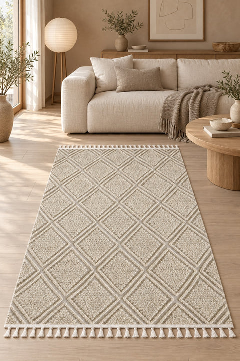 Quincey Modern Shag Area Rug – Beige in a living room