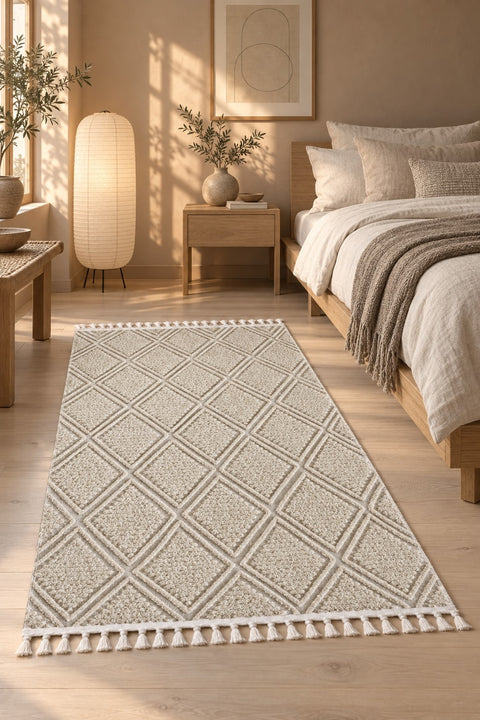 Quincey Modern Shag Area Rug – Beige in a bedroom