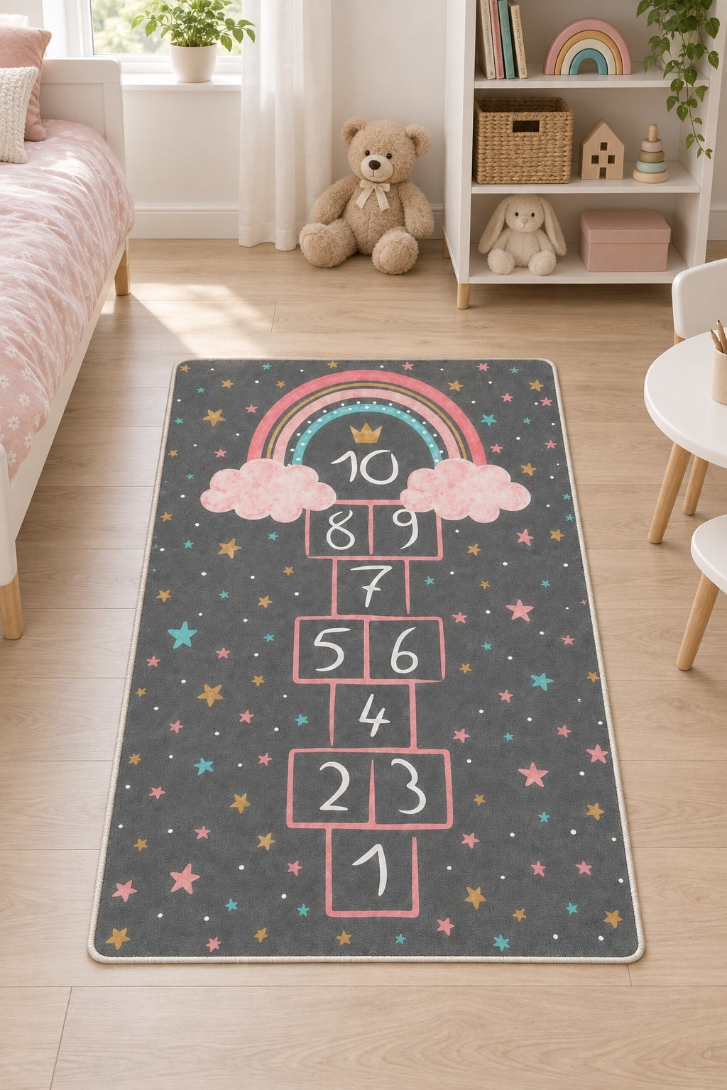 Rainbow Hopscotch Kids Area Rug in a nursery
