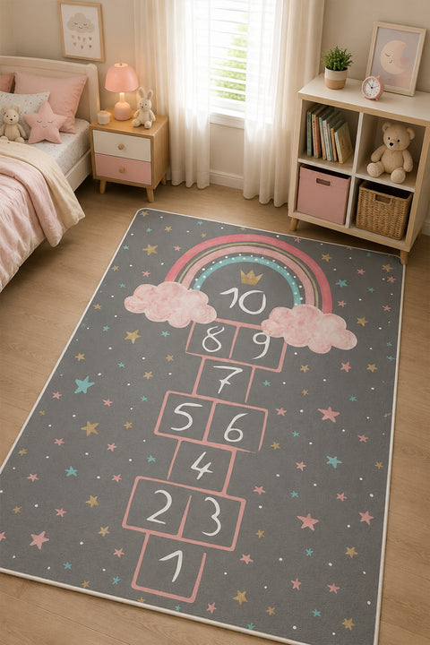 Rainbow Hopscotch Kids Area Rug in a nursery