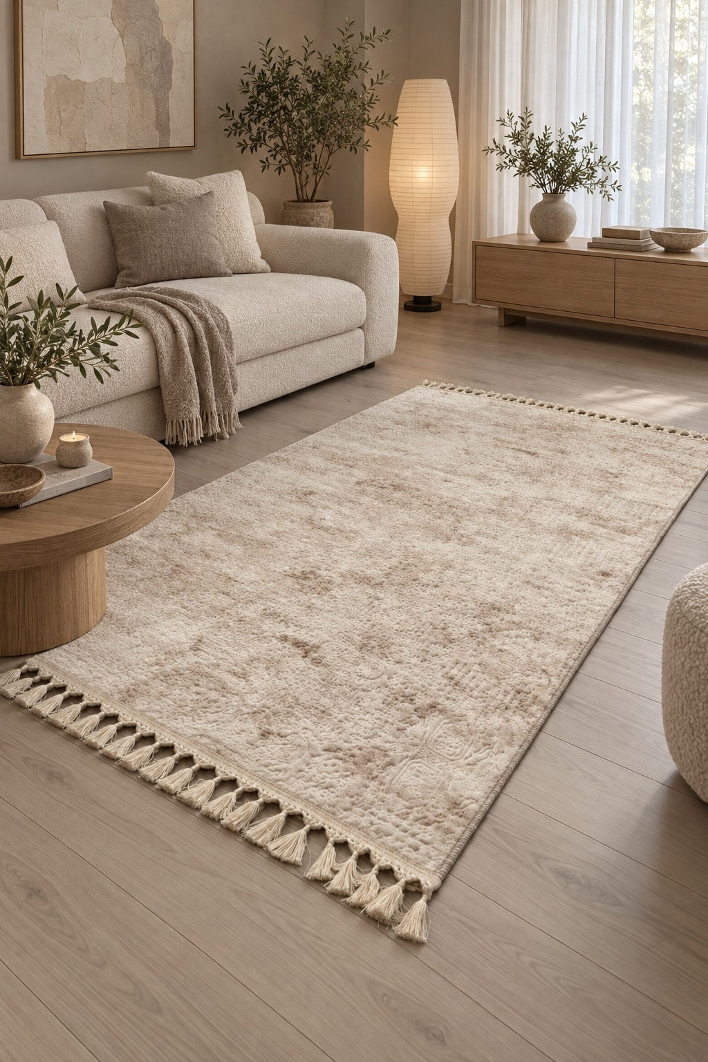Raised Abstract Modern Area Rug – Beige in a living room