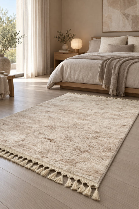 Raised Abstract Modern Area Rug – Beige in a bedroom