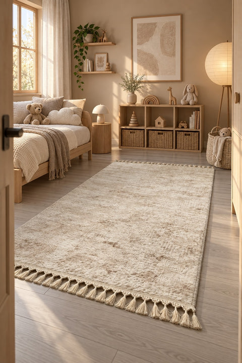 Raised Abstract Modern Area Rug – Beige in a nursery