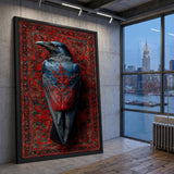 Raven Botanical Eclectic Wall Art – Blue-Black Bird on Ornate Red