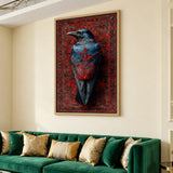 Raven Botanical Eclectic Wall Art – Blue-Black Bird on Ornate Red