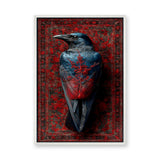 Raven Botanical Eclectic Wall Art – Blue-Black Bird on Ornate Red