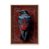 Raven Botanical Eclectic Wall Art – Blue-Black Bird on Ornate Red