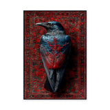 Raven Botanical Eclectic Wall Art – Blue-Black Bird on Ornate Red