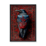 Raven Botanical Eclectic Wall Art – Blue-Black Bird on Ornate Red