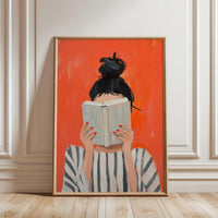 Reading Woman Fine Print | Expressive Contemporary Portrait | Bold Orange Feminine Artwork | Cozy Autumn Wall Décor Poster