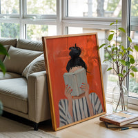 Reading Woman Fine Print | Expressive Contemporary Portrait | Bold Orange Feminine Artwork | Cozy Autumn Wall Décor Poster