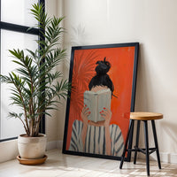 Reading Woman Fine Print | Expressive Contemporary Portrait | Bold Orange Feminine Artwork | Cozy Autumn Wall Décor Poster