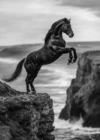 Rearing Horse Coastal Wall Art – Black and White Seaside Cliff Print