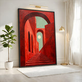 Red Arch Stairway Modern Wall Art – Surreal Arches and Moon