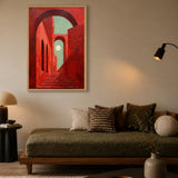 Red Arch Stairway Modern Wall Art – Surreal Arches and Moon