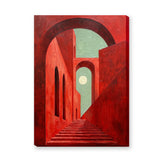 Red Arch Stairway Modern Wall Art – Surreal Arches and Moon