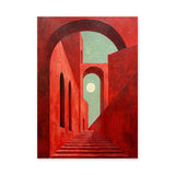 Red Arch Stairway Modern Wall Art – Surreal Arches and Moon