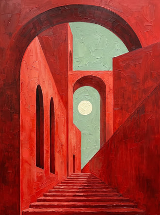 Red Arch Stairway Modern Wall Art – Surreal Arches and Moon